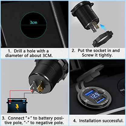 [Metal Shell] 12V USB Outlet Dual QC 3.0: Qidoe Aluminum Socket 12 Volt Motorcycle USB Outlet with LED Voltmeter Button Switch Waterproof 12 V Car Charger for Boat Marine Moto RV Golf Cart