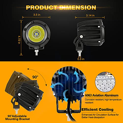 Auxbeam 3.5in 50W Round Led Offroad Light, 5000LM Round Driving Light Pod Super Bright with Wiring Harness Kit White Spot Flood Combo for Jeep Vehicle Truck ATV SUV Motorcycle - color: White Led Offroad Light