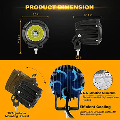 Auxbeam 3.5in 50W Round Led Offroad Light, 5000LM Round Driving Light Pod Super Bright with Wiring Harness Kit White Spot Flood Combo for Jeep Vehicle Truck ATV SUV Motorcycle - color: White Led Offroad Light