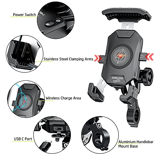 iMESTOU Anti-Theft Motorcycle Wireless Phone Mount Charger 15W & USB C 3A Handlebar 1" Ball Phone Holder Works with 12V/24V Vehicle/USB A Socket 720 Rotation Quick Charge for 4.0-7.0" Cellphones - style: Double Socket Arm-Wireless & USB C Charge