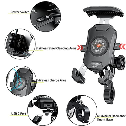 iMESTOU Anti-Theft Motorcycle Wireless Phone Mount Charger 15W & USB C 3A Handlebar 1" Ball Phone Holder Works with 12V/24V Vehicle/USB A Socket 720 Rotation Quick Charge for 4.0-7.0" Cellphones - style: Double Socket Arm-Wireless & USB C Charge
