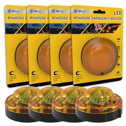 GT-Lite 4 Pack LED Emergency Beacon Yellow,Roadside Flare,Magnetic Base,2 Modes Flash and Steady,for Car Emergency Kit or Amish Buggy,RV,Boat,Crush Resistant,Water Resistant - size: 4 Pack
