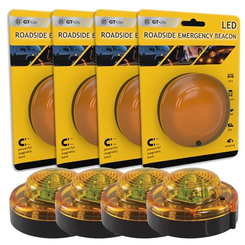 GT-Lite 4 Pack LED Emergency Beacon Yellow,Roadside Flare,Magnetic Base,2 Modes Flash and Steady,for Car Emergency Kit or Amish Buggy,RV,Boat,Crush Resistant,Water Resistant - size: 4 Pack