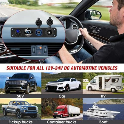 Nilight 4 in 1 Outlet Socket Panel 12V DC 4.8A Dual USB 12 Volt Cigarette Lighter LED Voltmeter ON Off Rocker Toggle Switch for Marine Boat Truck Car - color: 4 in 1 Blue