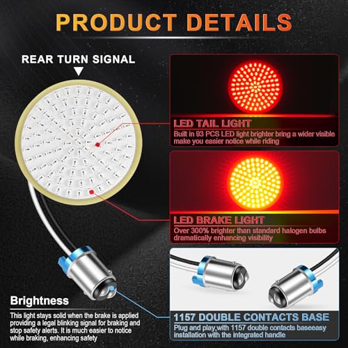 LivTee 1157 LED Turn Signals, 2 Pack Motorcycle, Fits Harley Davidson, Road Glide, Street Glide, Sportster, Red - color: Rear - Standard
