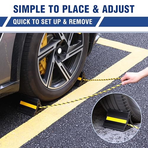 WORKPRO 4-Pack Rubber Wheel Chocks with Rope & 3 Reflective Strips, Heavy Duty Non-Slip Tire Stoppers for Cars, SUVs & Trailers, Rubber Wheel Wedges for Garage & Driveway