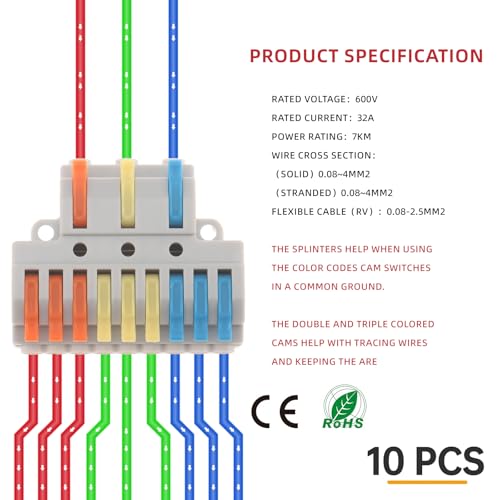 DIANN 10pcs Lever Wire Connectors 3 in 9 Out Circuit Inline Splices Electrical Wire Connector 28-12 AWG Quick Connect Splice Wire Connectors - style: 3 in 9 out