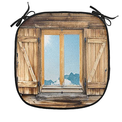 Lunarable Shutters Chair Cushion Pad, Weathered Facade of a Mountain Hut Mountain Reflection in The Window Picture, Seat Padding for Kitchen & Patio with Anti-Slip Backing, 16"x16", Beige Blue Teal - color: Beige Blue Teal, size: Pack of 1