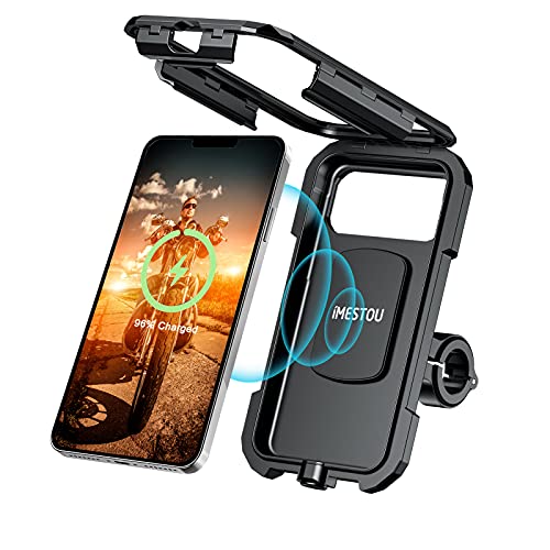 iMESTOU Waterproof IP67 Motorcycle Phone (4.7"-6.1") Mount Wireless/USB C Charger Handlebar Cellphone Holder 360 Rotation Work by Wiring to 12/24V Vehicles or Plugging to USB A Sockets - size: Small for 4.7"-6.1" Phones