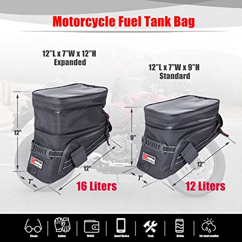 Goldfire Motorcycle Tank Bag Expandable ADV Gas Oil Fuel Tank Saddle Bag with Strong Strap Mount Water Resistant Motorcycle Storage Bag(Black) - color: Black