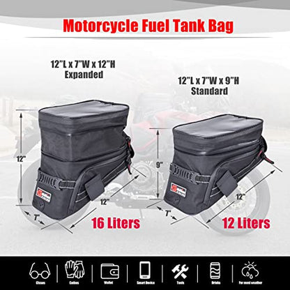 Goldfire Motorcycle Tank Bag Expandable ADV Gas Oil Fuel Tank Saddle Bag with Strong Strap Mount Water Resistant Motorcycle Storage Bag(Black) - color: Black
