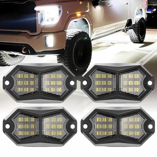 4 Pods White LED Rock Lights,18 LEDs Aluminum Housing IP68 Waterproof Neon Underglow Trail Rig Lamp for Truck,SUV, ATV, UTV, Motorcycle & Off-Road Vehicles - color: 4PCS White