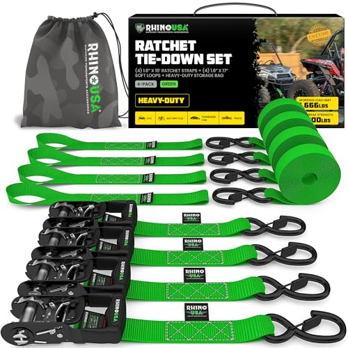 Rhino USA Ratchet Straps Heavy Duty Kit (4-Pack) - 1.6 Inch x 8 Feet Min Break Strength (5,000) - Ultimate Tie Down Straps with Safety S Hooks for Trucks, ATV, UTV, Motorcycle, Cargo & More - Green - color: Green, size: 15ft - 4 Pack