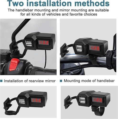 XMSJSIY Motorcycle USB Charger 5V 3.1A Dual USB Phone Charger Adapter Kit Cable with Voltmeter、Waterproof and ON/Off Switch,Handlebar Mounting or Diameter Rearview Mirror Holder-1.4M/4.59FT