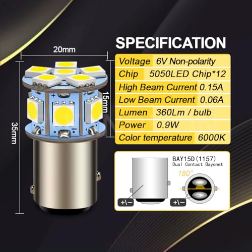 Ruiandsion 2pcs 1157 LED Bulb White 6V BAY15D 5050 12SMD LED Light Bulbs for Back Up Reverse Lights Brake Lights Tail Lights,Non-polarity - color: White, size: 1157/BAY15D