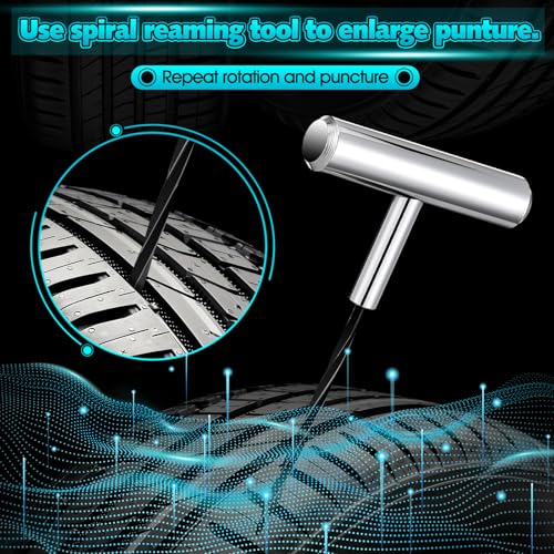 Saillong Tire Plug Tool Heavy Duty Plug Kit Stainless Steel T Handle Set Spiral Probe and Split Eye Needle Tire Repair Set for Automobiles Motorcycles Bicycles Car Truck