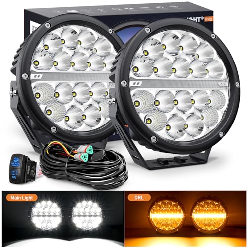 Nilight LED Offroad Driving Lights with Amber DRL 2PCS 7 Inch Round 90W IP68 Spot Flood Combo Work Light Bar with 12 AWG DT Connector Wiring Harness Kit for 4x4 Truck ATV UTV SUV - color: 2Pcs 90w 7Inch amber DRL Light Kit