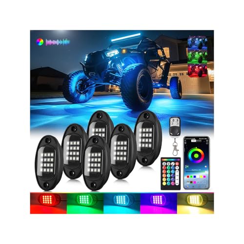 6Pods RGB LED Rock Lights for UTV SXS RZR Can-Am Four Wheeler Side by Side ATV Offroad Golf Cart, Multicolor Underglow Light Kit with APP/RF Remote Dual Zone Neon Vehicle Accent Light 12V Waterproof - size: 6Pods