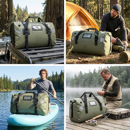 HOMIEE 40L Waterproof Duffel Bag, Waterproof Motorcycle Dry Travel Bag Tail Bag with Roll Top Closure & Shoulder Straps Outer Mesh Zipper Pocket for Camping, Kayaking, Fishing & Traveling - color: Green