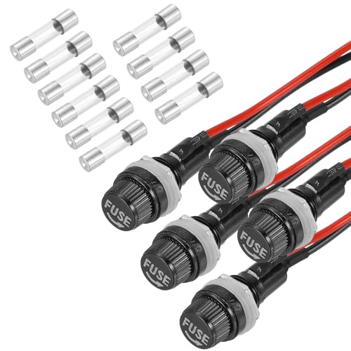 MECCANIXITY 5 Pcs Panel Mount Fuse Holder, 10/15A AC 125/250V 5 x 20mm Fuse Spade Terminal Screw Cap Fuse Holders with Pre-Soldered Wires and 2A Glass Tube Fuses - size: 5X20mm, style: 2A