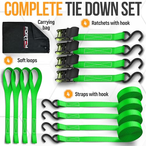 FORTEM Ratchet Straps, Tie Down Strap Set 1650lb Break Strength, 4 Pack 15ft x 1in, 4 Soft Loops, Moving Straps Tie Downs, Cargo Cam Buckles for Trucks, Carry Bag, for Men - color: Green