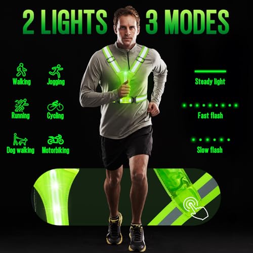 LED Rechargeable Reflective Vest with 11hrs Runtime, Light Up Safety Gear for Night Running Walking Cycling, USB Rechargeable - color: Green
