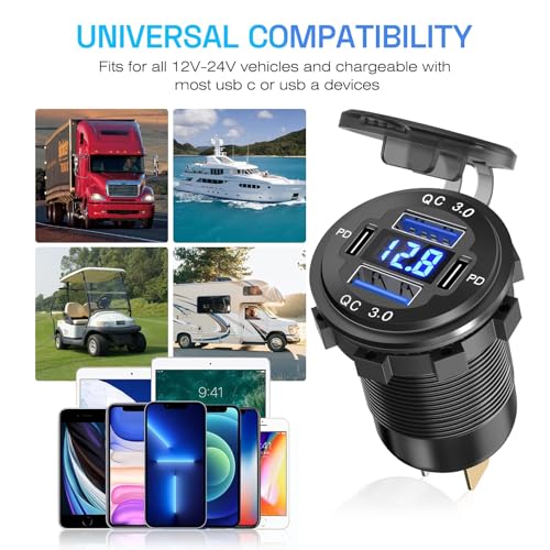 2Pcs 12V/24V Outlet with Voltmeter, Quick Charge 3.0 Dual USB Power Outlet, Waterproof Fast Charge USB Charger Socket DIY Kit for Car Boat Marine (2 Pack)