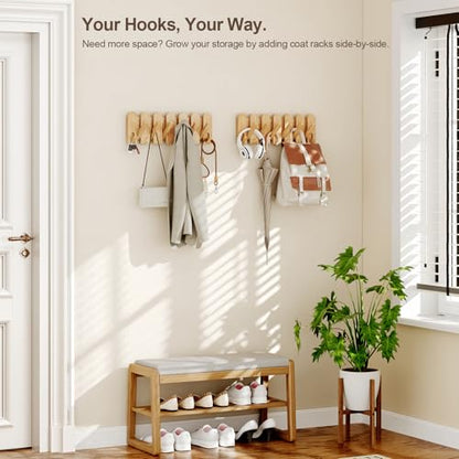 Solid Walnut Coat Rack Wall Mount, 16.5" Wood Wall Mounted Coat Rack with 8 Retractable Hangers,Heavy Duty Wooden Coat Hooks for Hanging Coats,Hats,Robe,Towels,Bags,Key Holder for Entryway,Natural - color: Natural