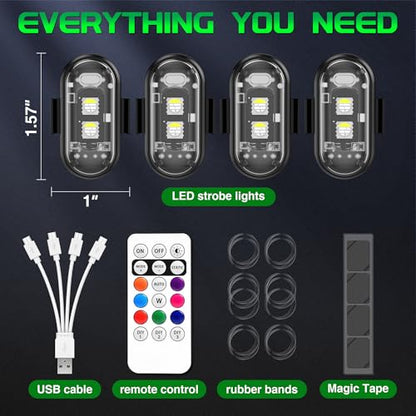 Wireless RGB LED Aircraft Strobe Lights with Remote Control, 8 Colors 10 Flash Modes USB Charging Anti-Collision Lights Waterproof Emergency Warning Light for Drone Car Motorcycle Bike 4 Pcs - color: 4Pcs