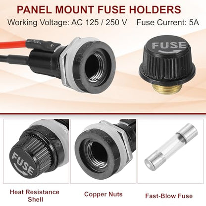 MECCANIXITY 5 Pcs Panel Mount Fuse Holder, 10/15A AC 125/250V 5 x 20mm Fuse Spade Terminal Screw Cap Fuse Holders with Pre-Soldered Wires and 5A Glass Tube Fuses - size: 5X20mm, style: 5A