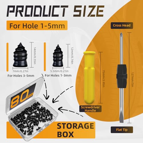 80pcs Tire Plugs Kit, Tire Repair Rubber Nails, Self-Service Vacuum Tyre Screws (40S+40L) Fast Repair Quick Puncture Tools with a Box, Double-ended Screwdriver, for Car Motorcycle Truck Tractor ATV