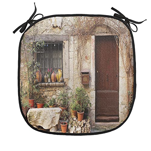Lunarable Shutters Chair Cushion Pad, Flowerpot Plants Front Yard French Hilltop Village Saint-Paul De Vence Heritage, Seat Padding for Kitchen & Patio with Anti-Slip Backing, 16"x16", Beige Green - color: Beige Green, size: Pack of 1