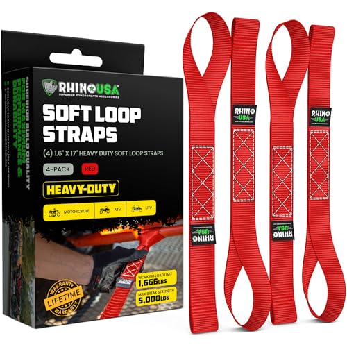 Rhino USA Soft Loop Tie Down Straps (4-Pack) - 1.6 Inch x 17 Inch (5,000 lbs Break Strength) Heavy Duty Motorcycle Handlebar Straps for use with Ratchets for ATV, UTV, Dirt Bike (Red) - color: Red 4-Pack