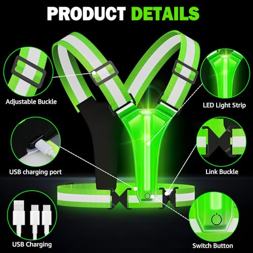 LED Reflective Vest Running Gear, 5 Colors Light Up Safety Vest | Rechargeable High Visibility Running Vest, Adjustable for Men Women. Ideal for Night Running, Walking, Cycling & Jogging. - color: Bright Green