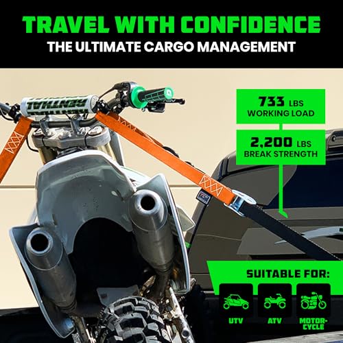 Rhino USA Motorcycle Tie Down Straps (2 Pack) Lab Inspected 2,200lb Break Strength, Steel Cambuckle Tiedown Set with Integrated Soft Loops - Better Than a Ratchet Strap (Orange 2-Pack) - color: Orange 2-Pack