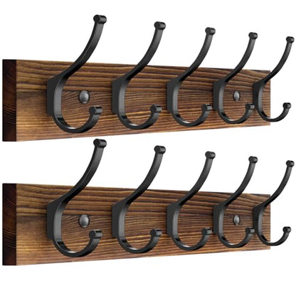 Optish 2 Pack Wooden Coat Rack Wall Mount, 16.1" Rustic Coat Hanger Hooks with 10 Double Hooks, Wall Coat Rack for Hat, Clothes, Bags, Jacket, Brown - color: Brown