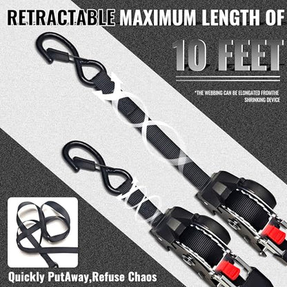KJE Retractable Ratchet Straps, (4) 1" x 10' Tie Down Strap + (4) Soft Loop - Heavy Duty 1,650lb Max Break Strength, S-Hook with Clip, Self Retracting Ratchet Strap for Motorcycle, Kayak, ATVs, Boats