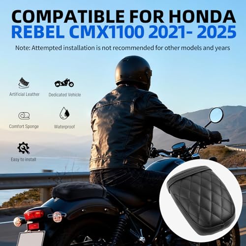 DREAMIZER Cool Gel Motorcycle Rear Passenger Seat Compatible with Honda Rebel 1100 CMX1100 CM1100 2021 2022 2023 2024 2025, Motorcycle Solo Seat Pillion Cushion Pad, Rhombic - style: Rear-Black-Rhombic