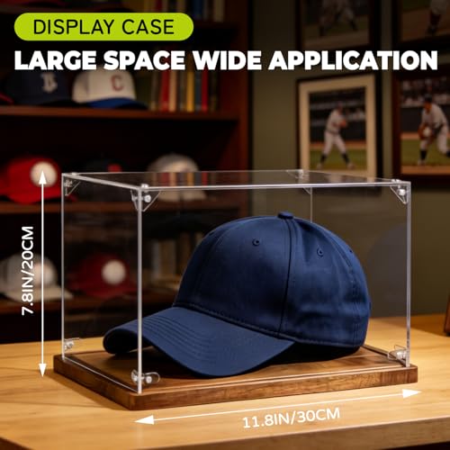 Hat Display Case, Clear Acrylic Baseball Cap Display Box Stand, UV Protection Signed Hat Transparent Showcase with Solid Wood Base Risers & Hat Shaper, Ideal Gift for Caps Collector - size: 13.9ln×4.8ln×1.4ln