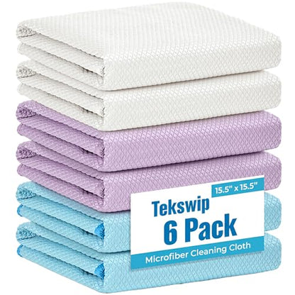Microfiber Glass Cleaning Cloth, White Purple Blue, 6 Pack | 15.5x15.5 Inches Lint Free Streak Free Stainless Steel Cloth For Window Screen Car - color: Blue Purple White
