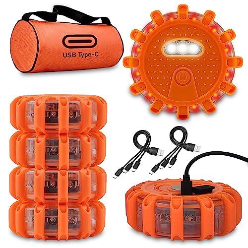 Ecoangel USB-C Rechargeable LED Road Flares Emergency Lights-Large Capacity (Lithium Battery) 3 in 1 Cable Roadside Warning Car Safety Beacon Flashing Disc Flare Kit with Magnetic Base for Vehicles - color: 6 PACK USB C High Power