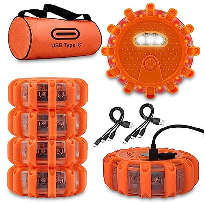 Ecoangel USB-C Rechargeable LED Road Flares Emergency Lights-Large Capacity (Lithium Battery) 3 in 1 Cable Roadside Warning Car Safety Beacon Flashing Disc Flare Kit with Magnetic Base for Vehicles - color: 6 PACK USB C High Power