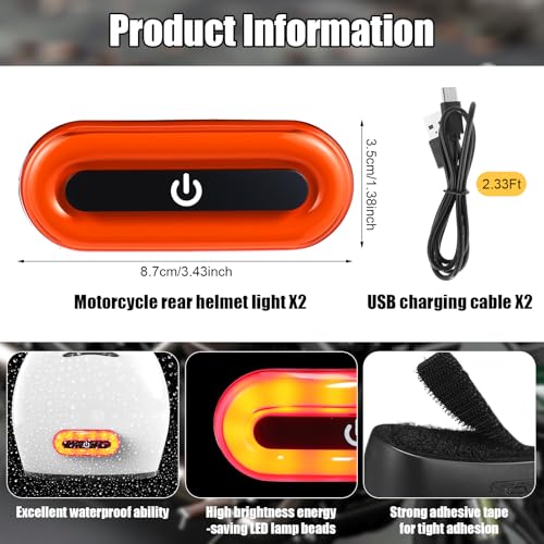 Tujoe 2 Set Motorcycle Bike LED Red Rear Helmet Light Rechargeable Bicycle Safety Warning Helmet Tail Lights with USB Chargeable Cable, Safety Warning Night Lamp for Night Riding - style: 4 Lighting Modes