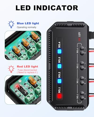 12V Fuse Block Box 4 Circuit with LED Indicator & Removable Cover, 20A Automotive Blade Fuse Panel for Car Motorcycle ATV Boat RV Truck Wiring Protection