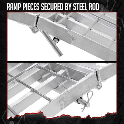 Black Widow 9' Aluminum Folding Motorcycle Ramp, Extra-Wide 3-Piece Arched Ride-Up Loading Ramp for Trucks and Trailers, 1,500 Lb Capacity, Silver - size: 9 feet