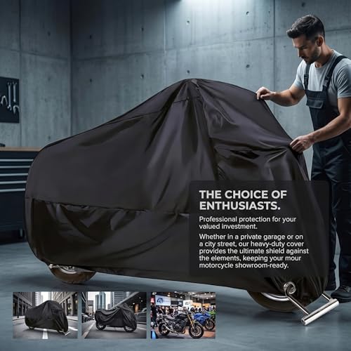 1 PC Motorcycle Cover, 190T Polyester Motorbike Cover with Storage Bag, Weather-resistant Outdoor Protector with Lock Holes, Universal for Most Motorcycles (Black)