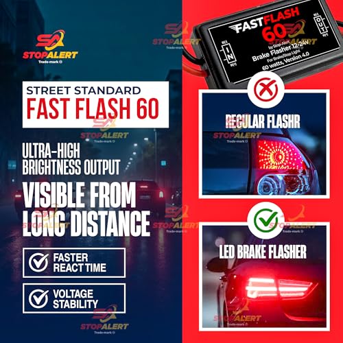 FastFlash 60 Watts Best Brake Flasher Tail & Stop Light Strobe 50X Fastest Preprogrammed 3 Blink Pattern Sequence - LED & ANY OTHER BULB for Cars, Trucks, Motorcycles mount 5A 12-24V - color: Fastflash 60w