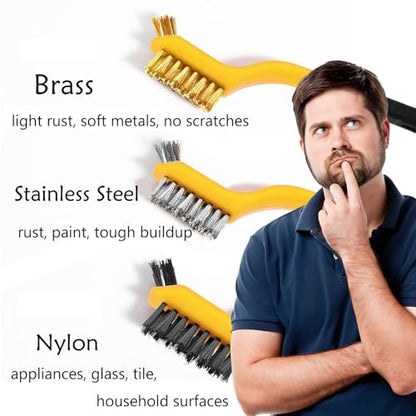 Wire Brush Set 3Pcs, Nylon/Brass/Stainless Steel Bristles with Curved Handle Grip for Cleaning with Curved Handle Grip for Rust Removal, Dirt, Paint Scrubbing Yellow - color: 3 PCS YELLOW