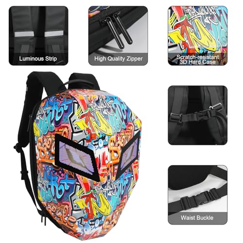 Ruconla LED Backpack Laptop Bag Motorcycle Riding bag, Hard Shell LED Motorbike Luggage Bags High-Capacity Helmet, Waterproof Backpack With Programmable Screen[Battery not included] - color: Graffiti
