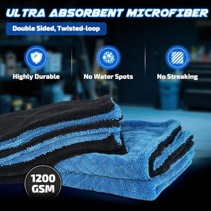 SMINDER 2-Pack 1200 GSM Car Drying Towels – Microfiber Towels for Cars (36" x 24"), Ultra-Absorbent, Streak-Free, Scratch-Free, No Water Spots, Double-Twist Pile & Edgeless Design(Blue) - color: Blue
